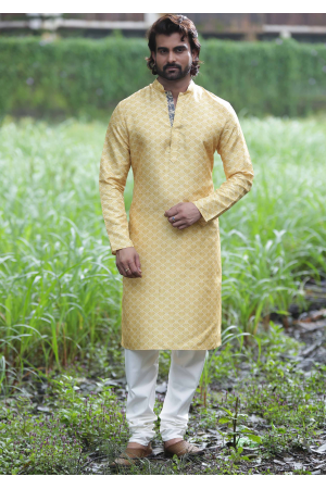 Yellow with White Color Silk Fabric Kurta Set